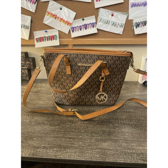 MICHAEL KORS JET SET TRAVEL XS CARRYALL TOTE SHOULDER BAG MK GLITTER GOLD/BROWN - Picture 1 of 8